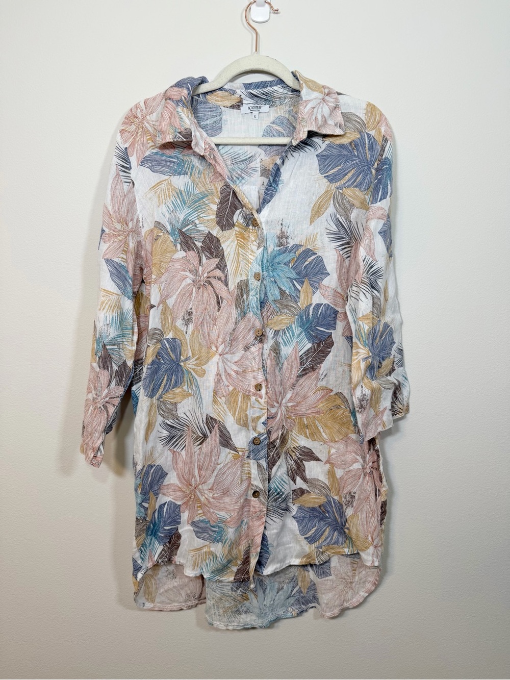 Rosemarine Shirt Floral Button Down Linen Italian Top White Pink Brown Women L